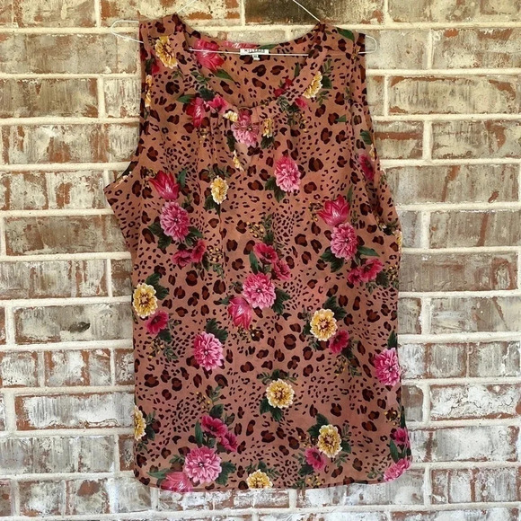 Mileage Leopard Print Floral Sleeveless Sheer Summer Blouse - Picture 1 of 6